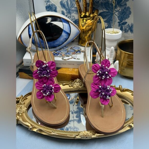 🆕 CHICO'S 🧿 NWOB Sunset Flower Sandal, Pink Hand Beaded Flower Detail - Sz 9US - Picture 4 of 12